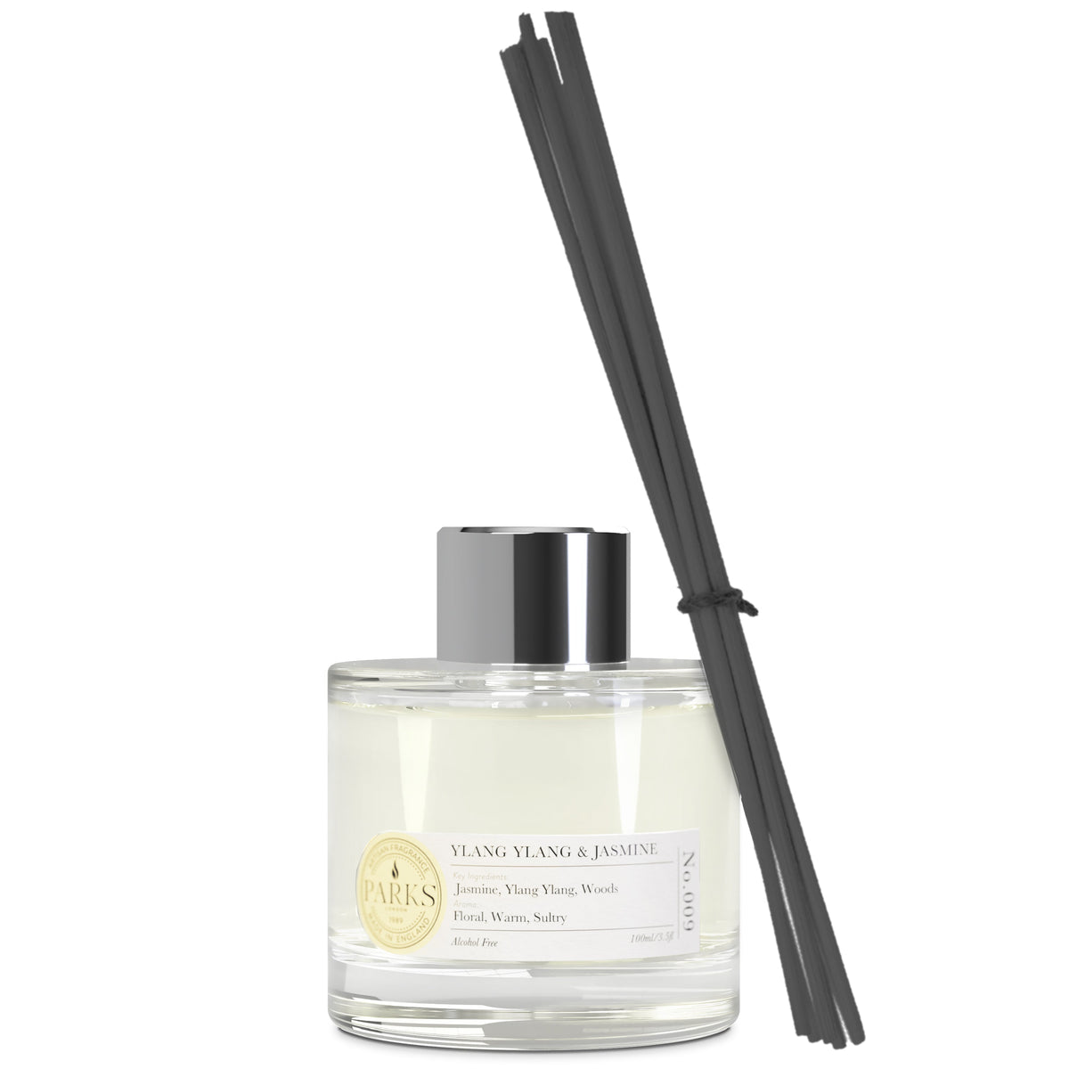 Diffuser bottle with black reeds on a white background