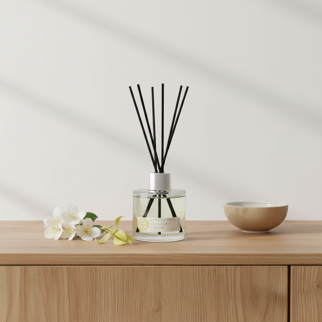 Diffuser with black sticks on a wooden surface with a white background