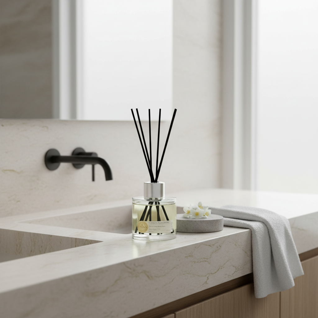 Reed diffuser on a bathroom counter with a mirror and towel in the background