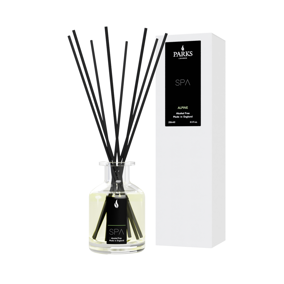 Diffuser with black sticks and a white box labeled 'Parks' on a white background