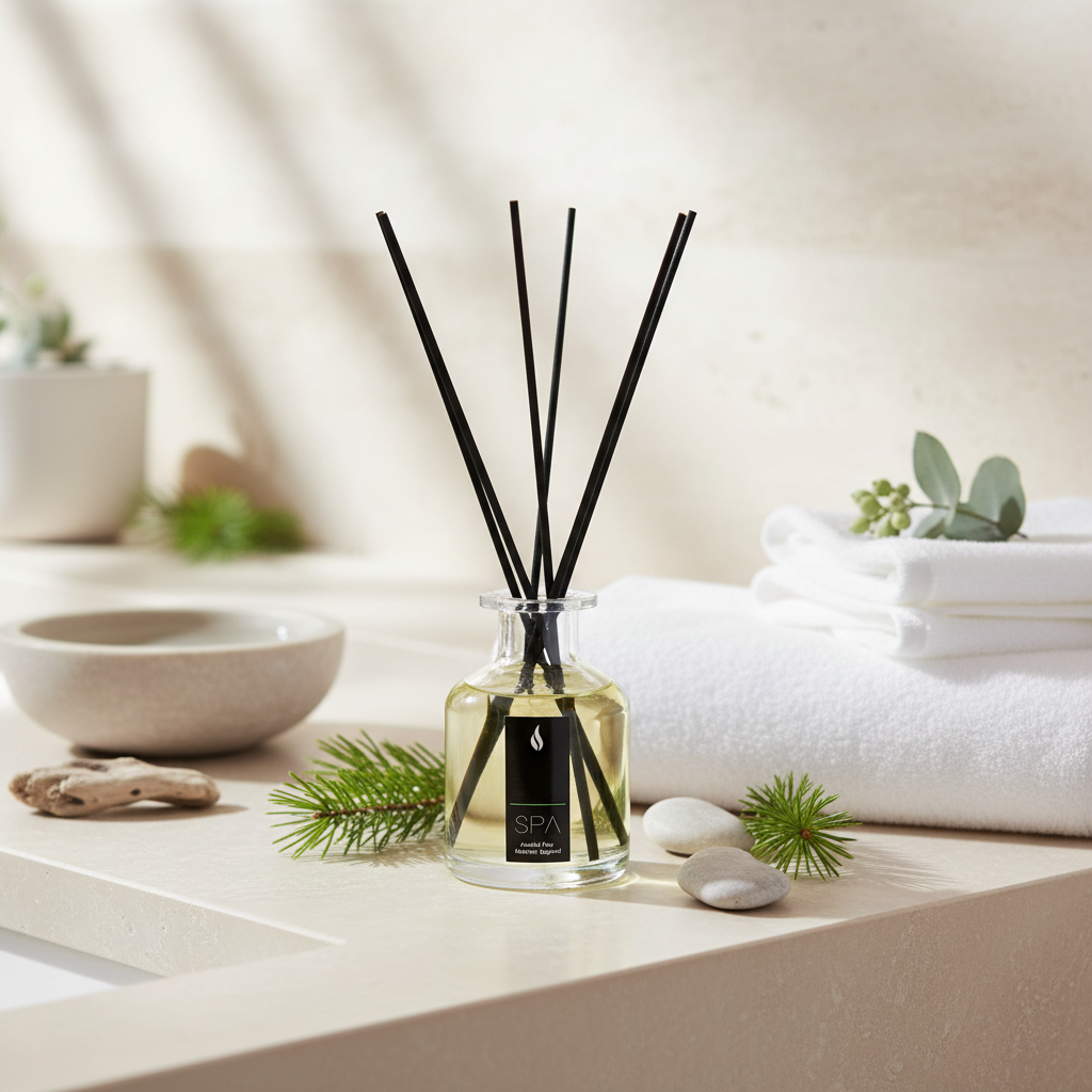 Reed diffuser with black sticks on a white surface with towels and plants in the background