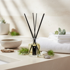 Reed diffuser with black sticks on a white surface with towels and plants in the background