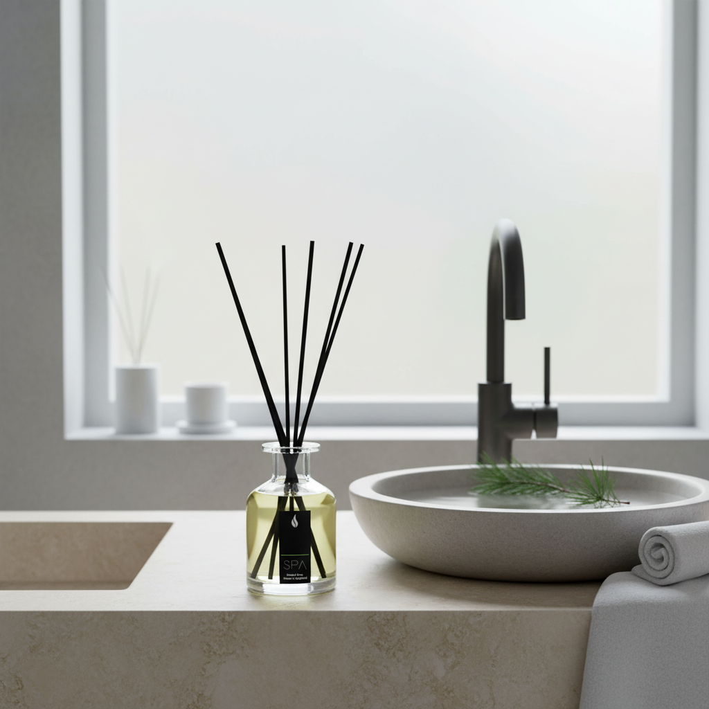 Bathroom setting with a diffuser bottle on a counter, sink, and window in the background.