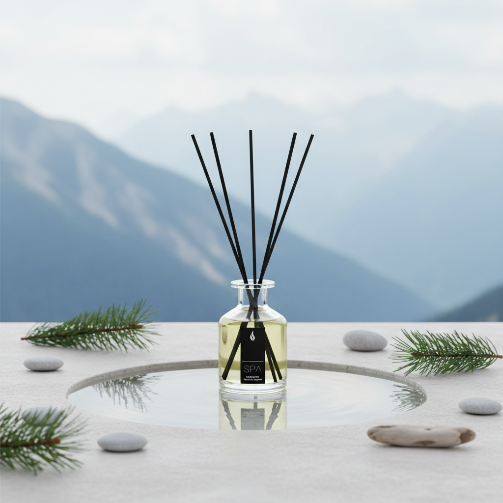 Diffuser with sticks on a reflective surface with mountains in the background