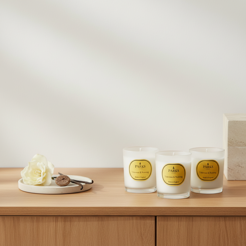 Three candles with gold labels on a wooden surface next to a white flower.