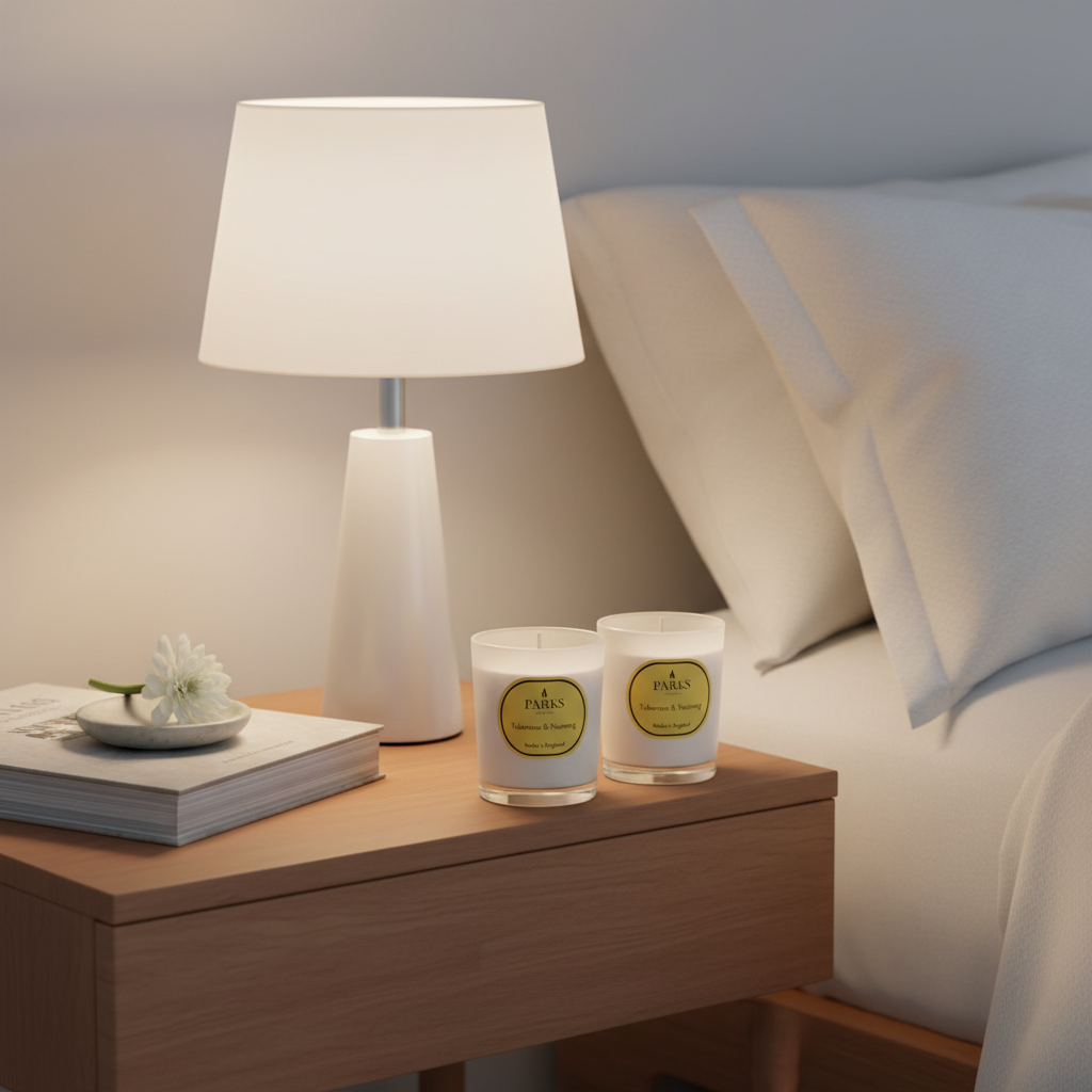 Two candles on a nightstand next to a lamp and books, with pillows in the background.