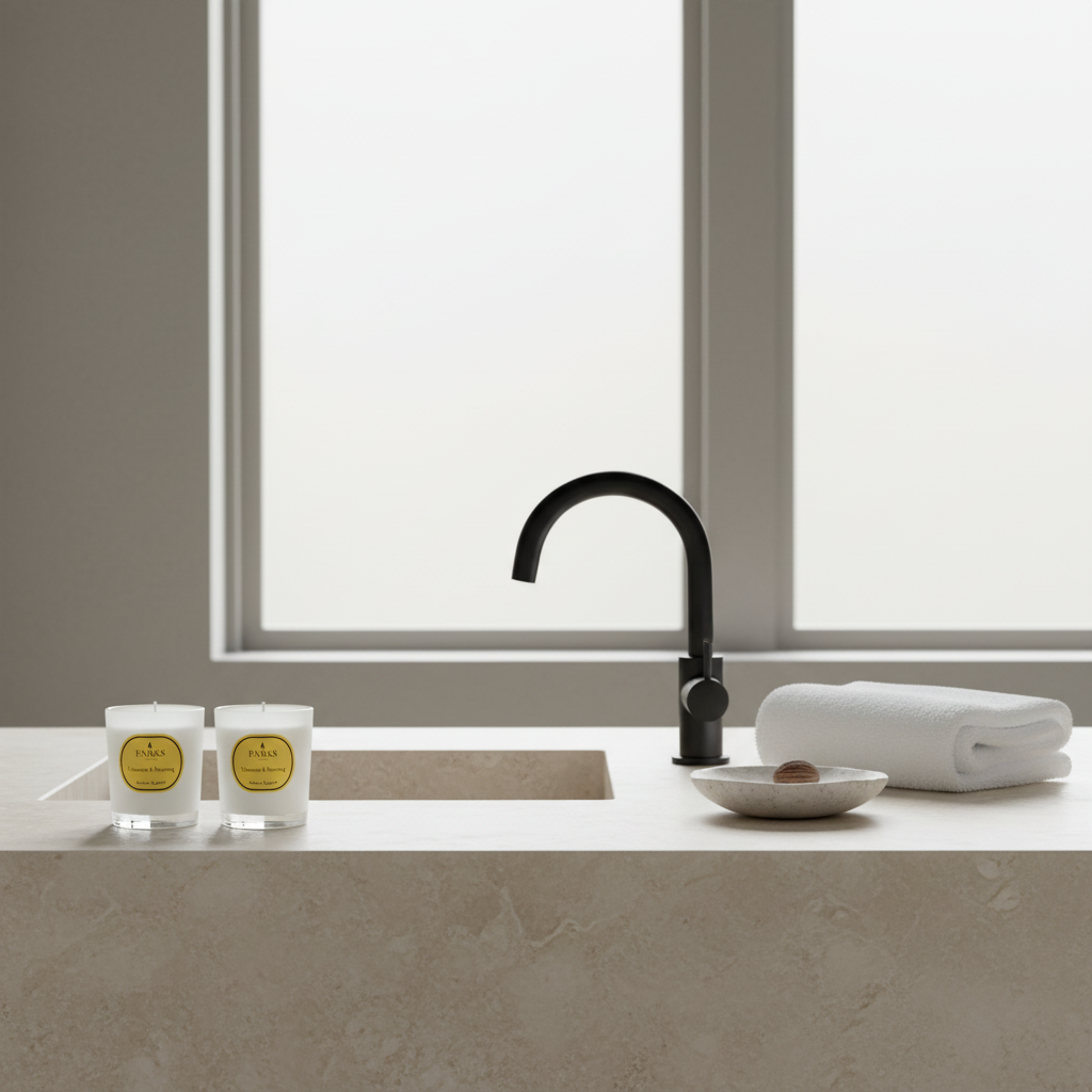 Modern bathroom sink with black faucet, towels, and candles on a neutral background