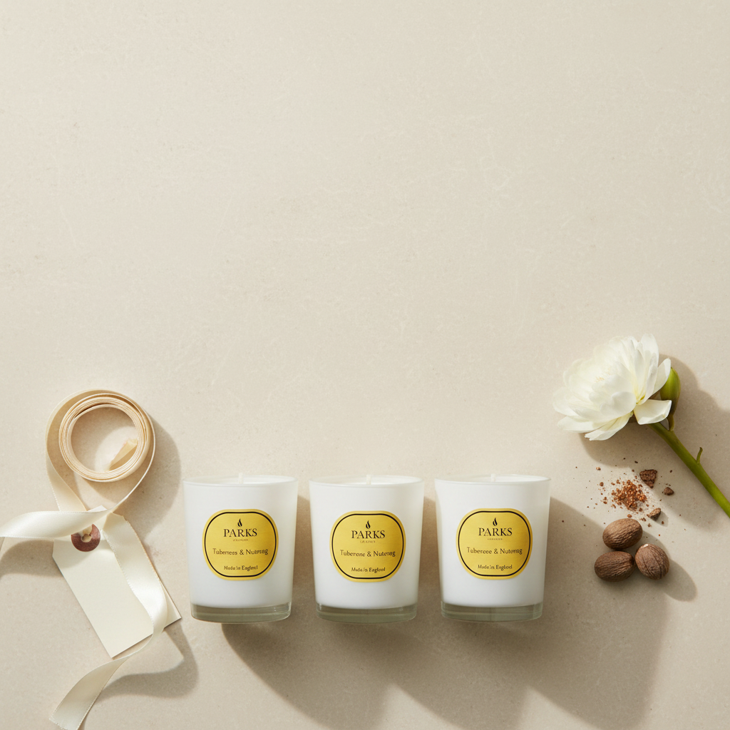 Three white candles with yellow labels on a beige surface, accompanied by a flower and nuts.