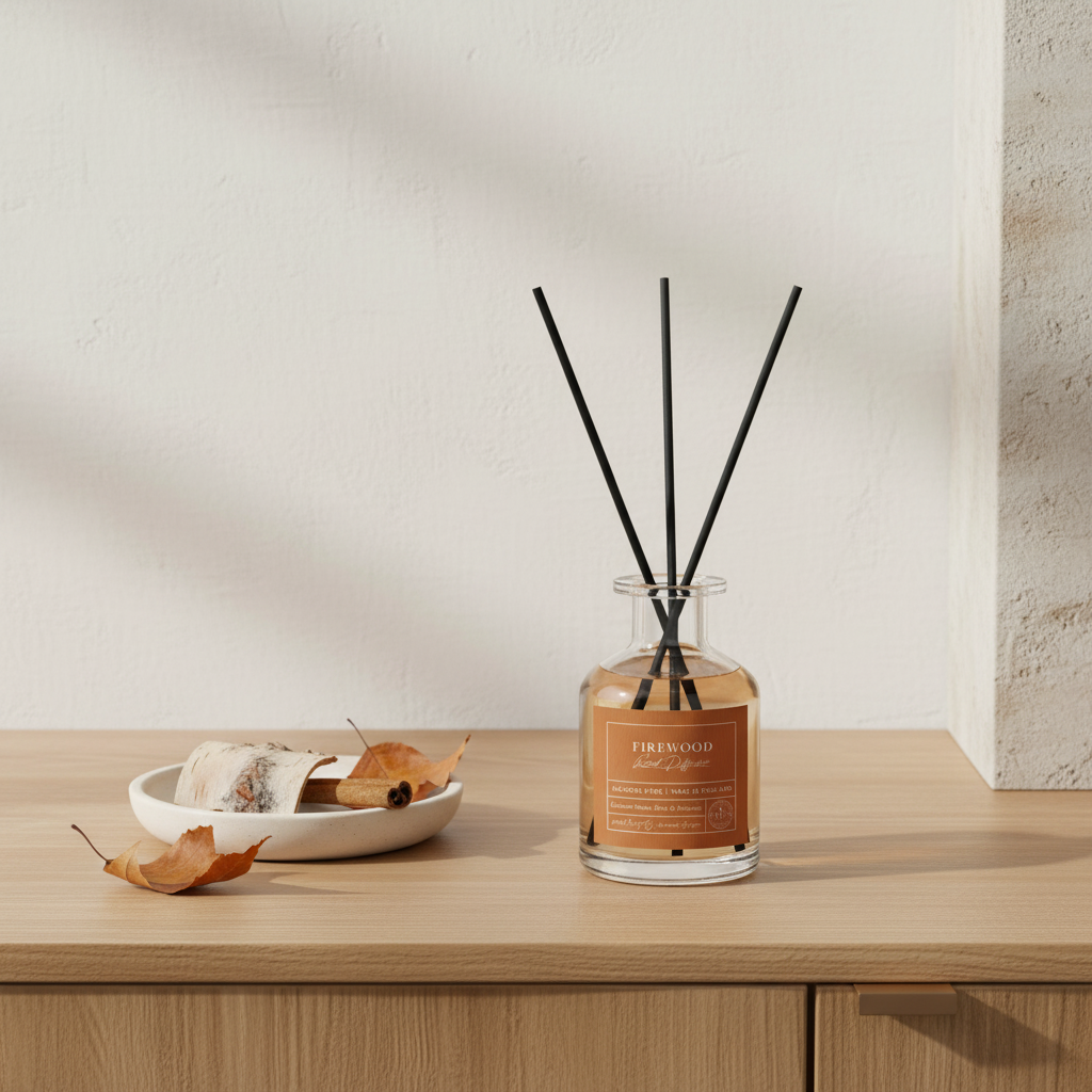 A diffuser bottle with black sticks on a wooden surface with a neutral background