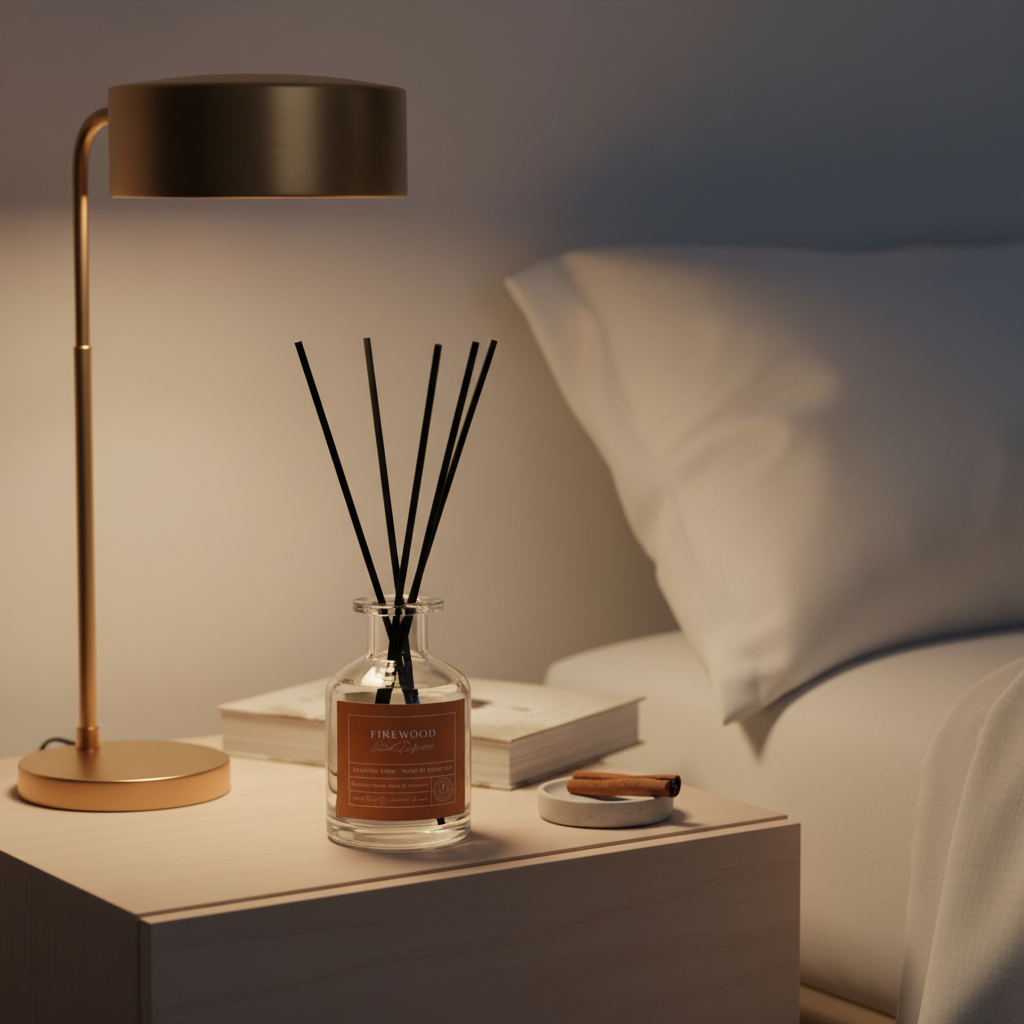 Lamp, diffuser, and book on a bedside table with pillows in the background