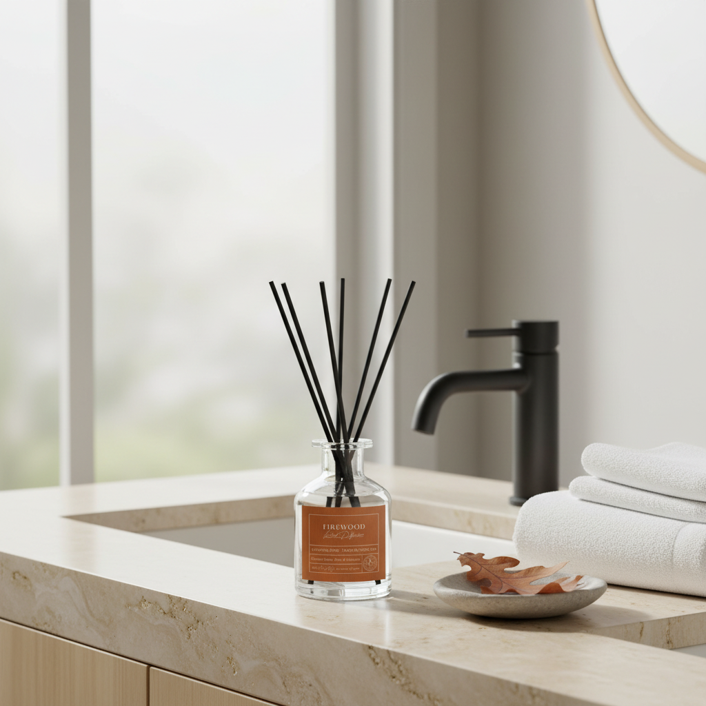 Diffuser with sticks on a bathroom counter with towels and faucet in the background