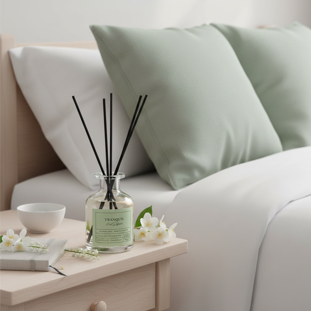 Diffuser with 'Tranquility' label on a table next to a couch with light green pillows.