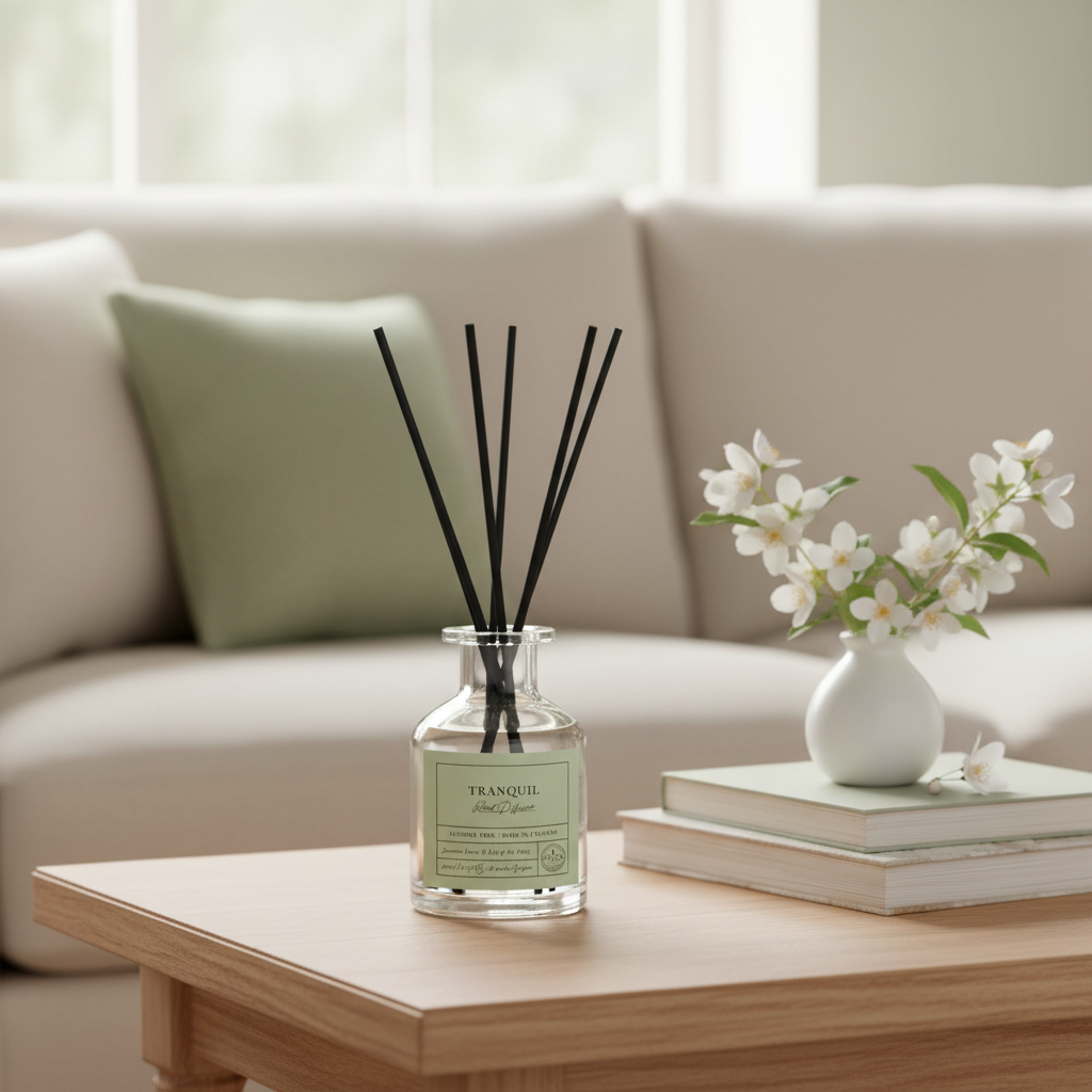 Diffuser with black sticks on a wooden table in a living room setting