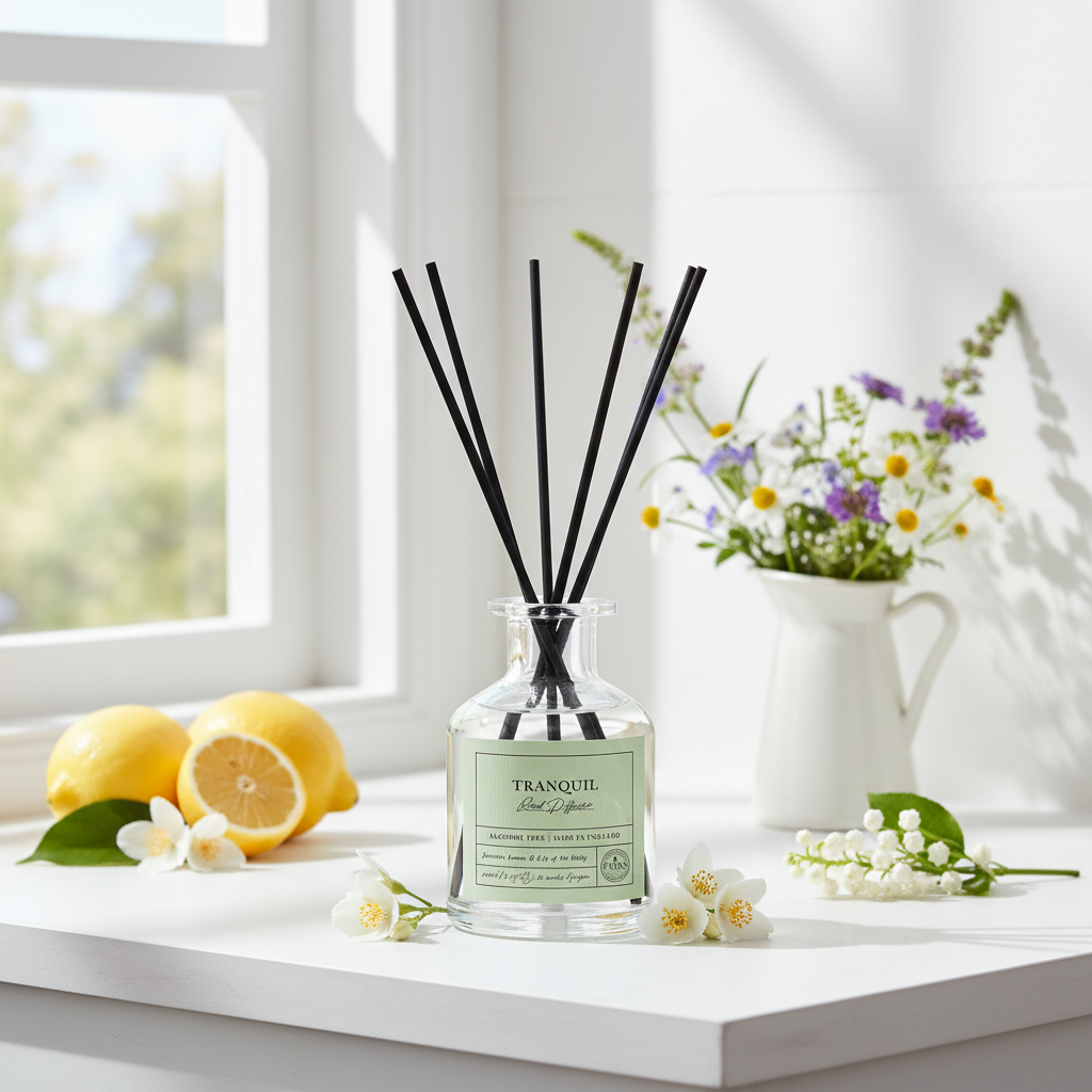 Diffuser with 'Tranquil' label on a windowsill with lemons and flowers
