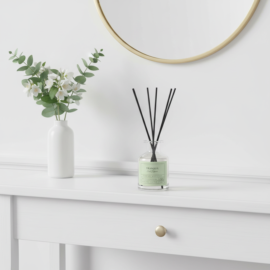 Diffuser with black sticks on a white surface, with a vase of flowers and a mirror in the background.