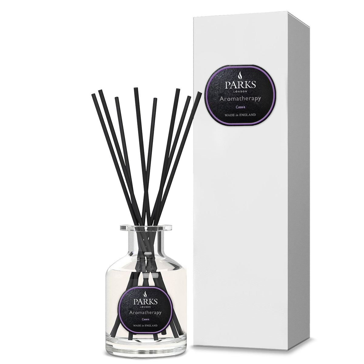 Parks Aromatherapy diffuser with black sticks and white packaging on a white background