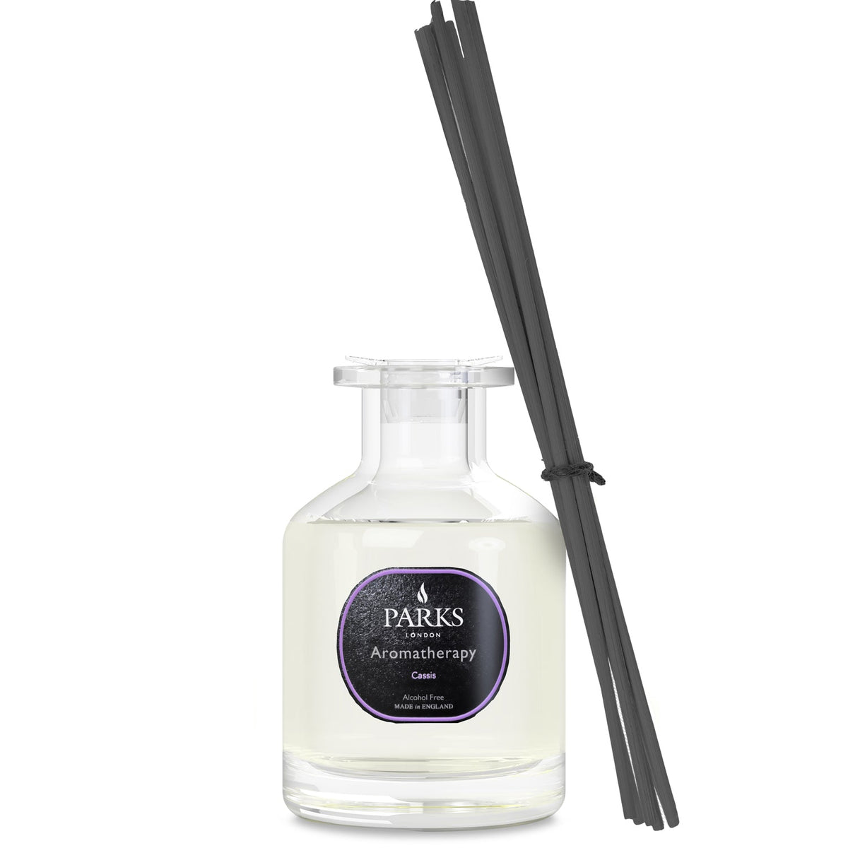 Parks Aromatherapy diffuser bottle with black reeds on a white background
