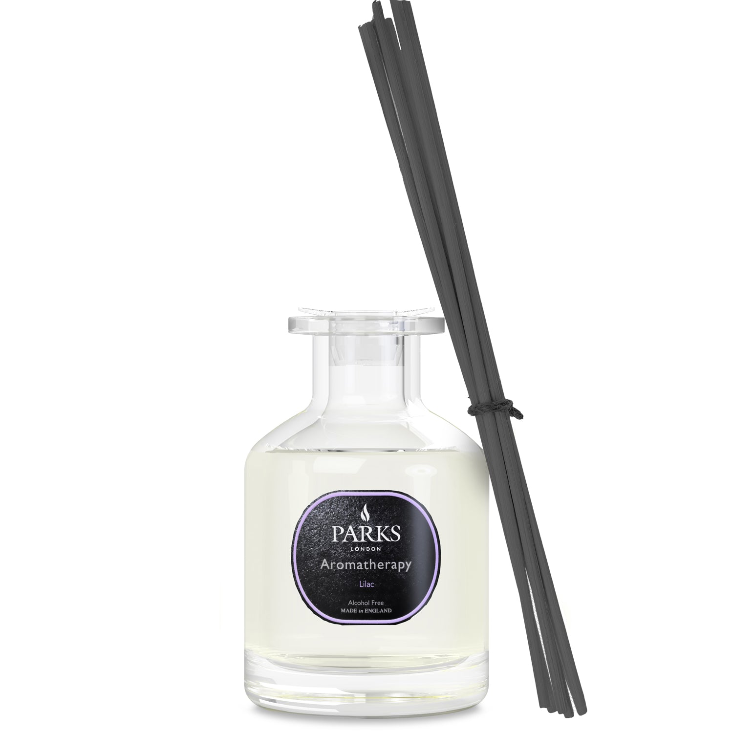Parks Aromatherapy diffuser bottle with black reeds on a white background