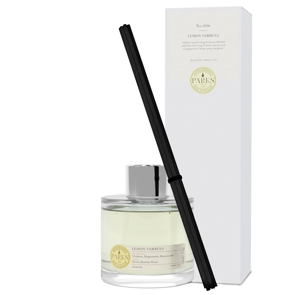 Parks Lemon Verbena diffuser with packaging on a white background
