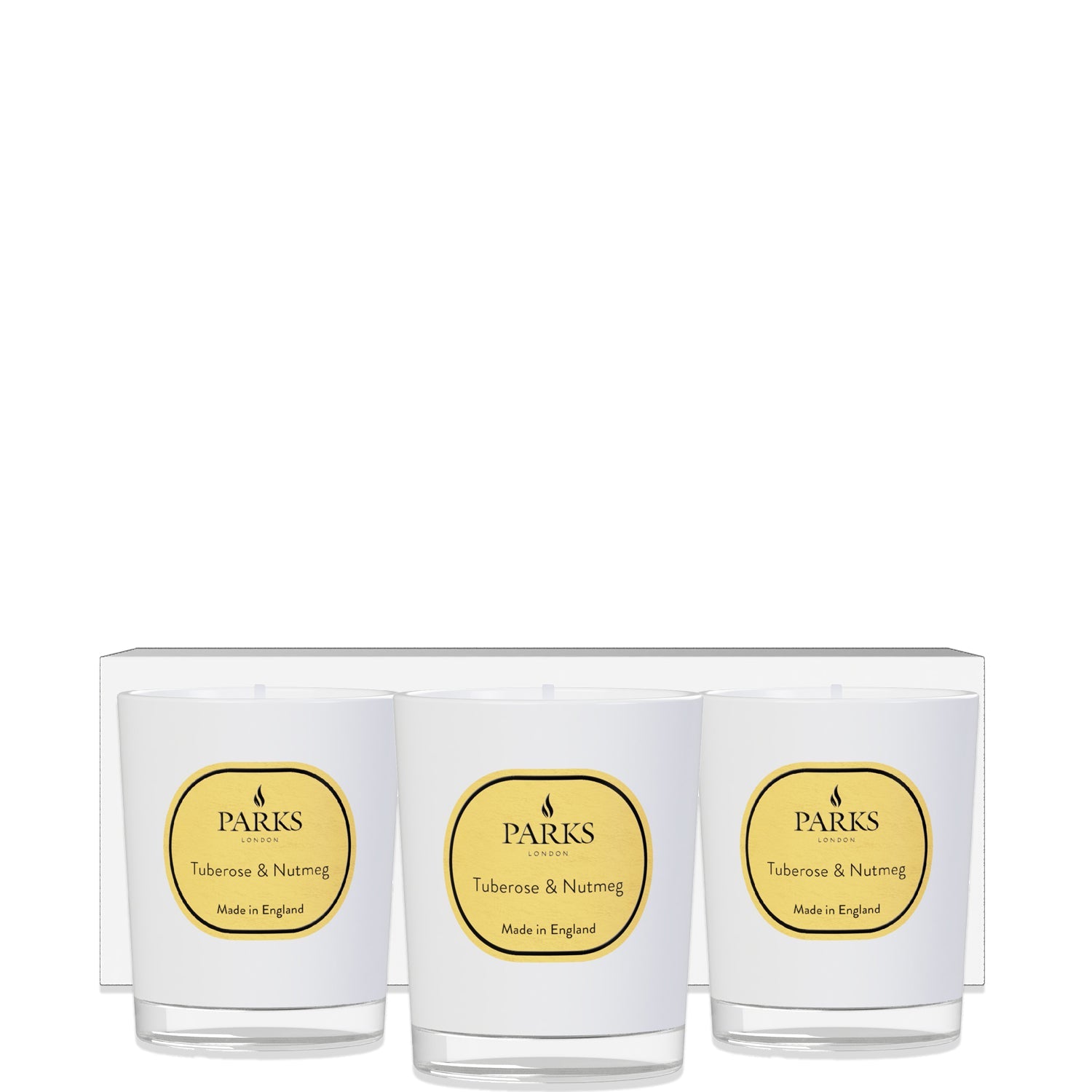 Three candles with 'Parks' labels on a white background