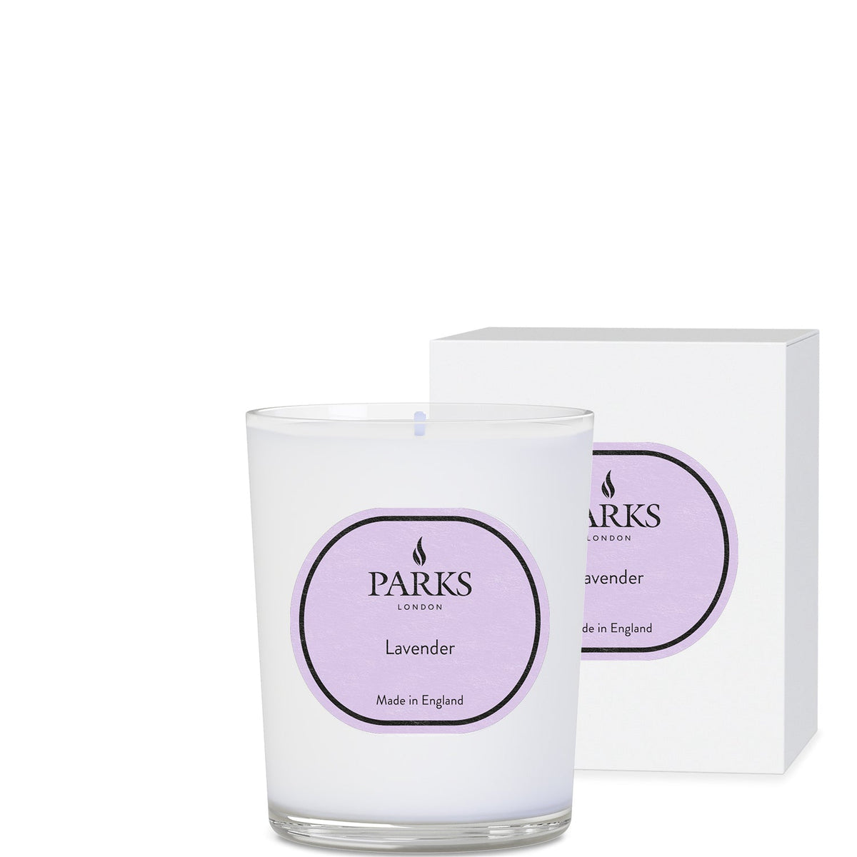 Parks London lavender candle and packaging on a white background