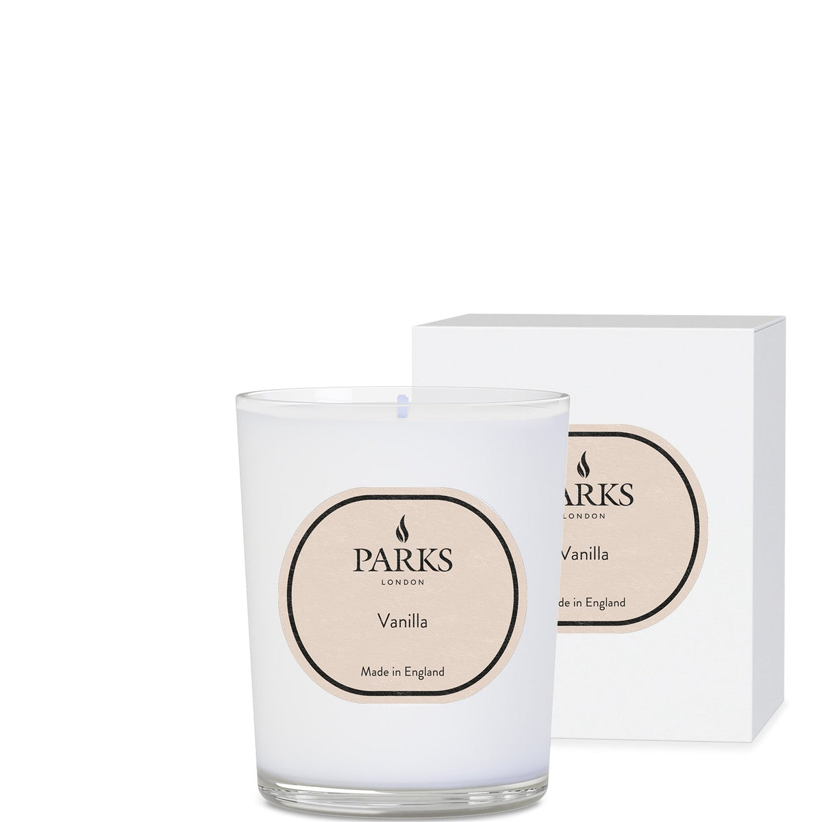 Parks London vanilla candle and packaging on a white background