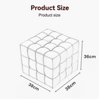 Cube-shaped product with dimensions labeled on a white background