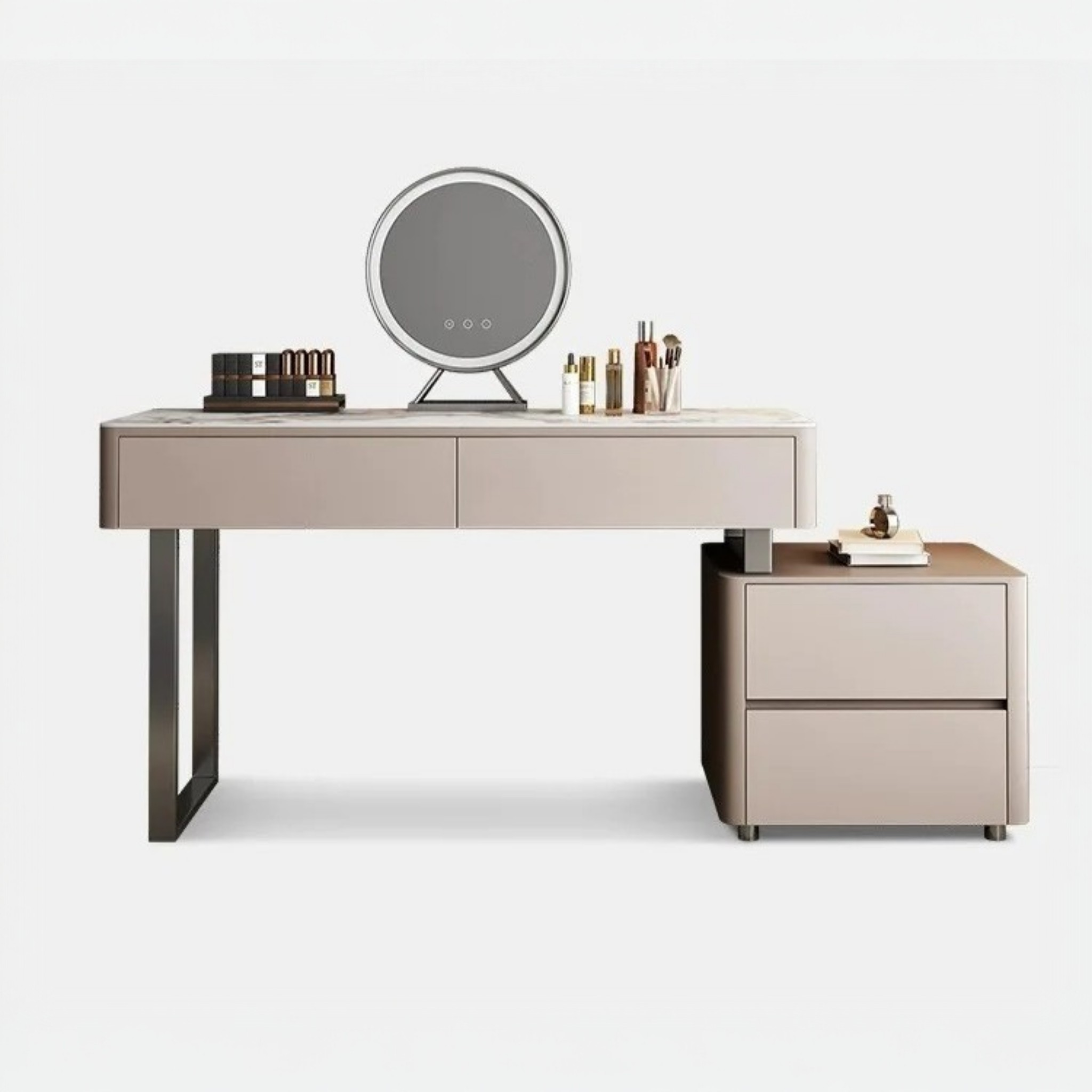 Beige vanity table with mirror and cosmetic products on a white background