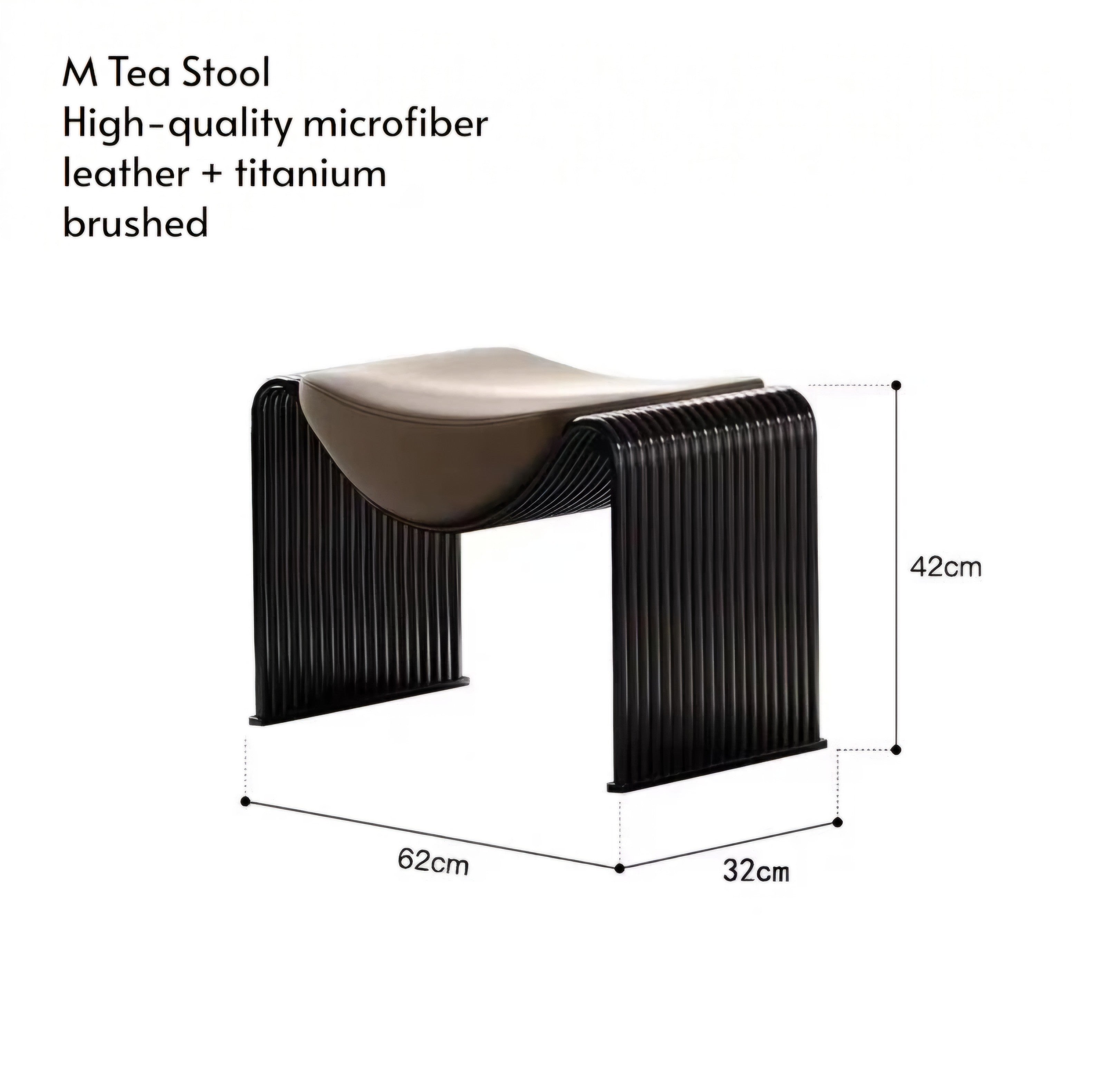 M Tea Stool with dimension labels showing 62cm width, 32cm depth, and 42cm height, on a white background with text describing the high-quality microfiber leather and titanium finish.