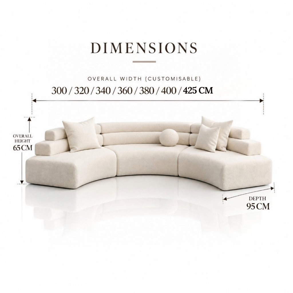 A curved modular sofa shown on a clean white background with overlaid dimension labels and text reading 'DIMENSIONS,' including overall width options and height/depth measurements-Mooazaa