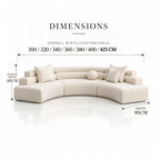 A curved modular sofa shown on a clean white background with overlaid dimension labels and text reading 'DIMENSIONS,' including overall width options and height/depth measurements-Mooazaa