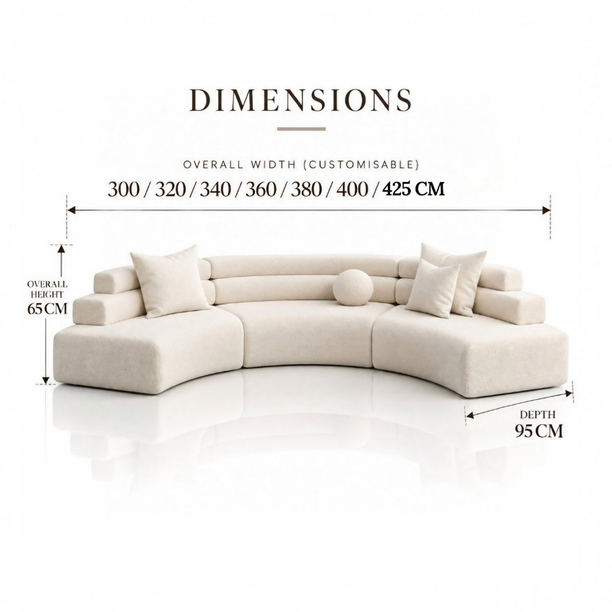 A curved modular sofa shown on a clean white background with overlaid dimension labels and text reading 'DIMENSIONS,' including overall width options and height/depth measurements-Mooazaa