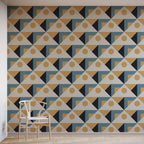 Geometric patterned wallpaper with a chair in front