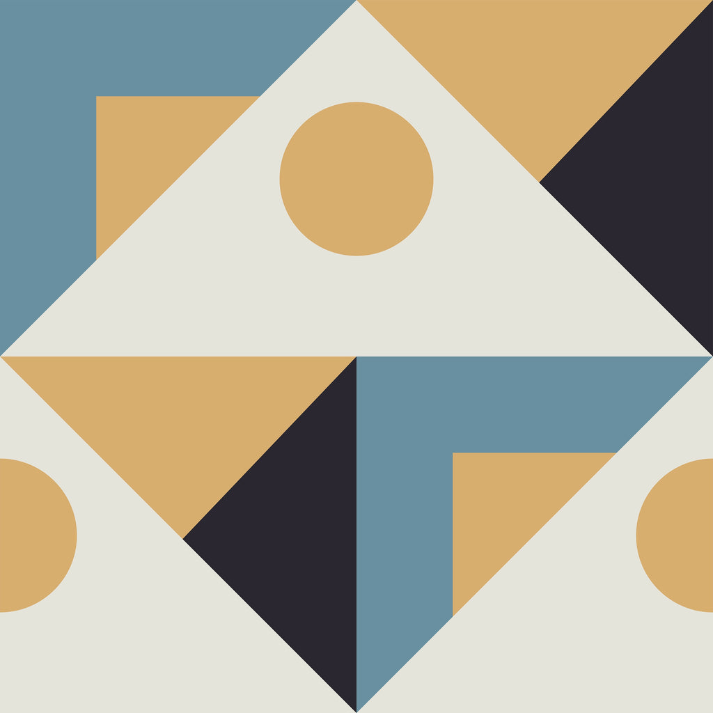 Geometric pattern with triangles, circles, and squares in brown, blue, and beige on a blue background.