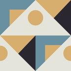 Geometric pattern with triangles, circles, and squares in brown, blue, and beige on a blue background.