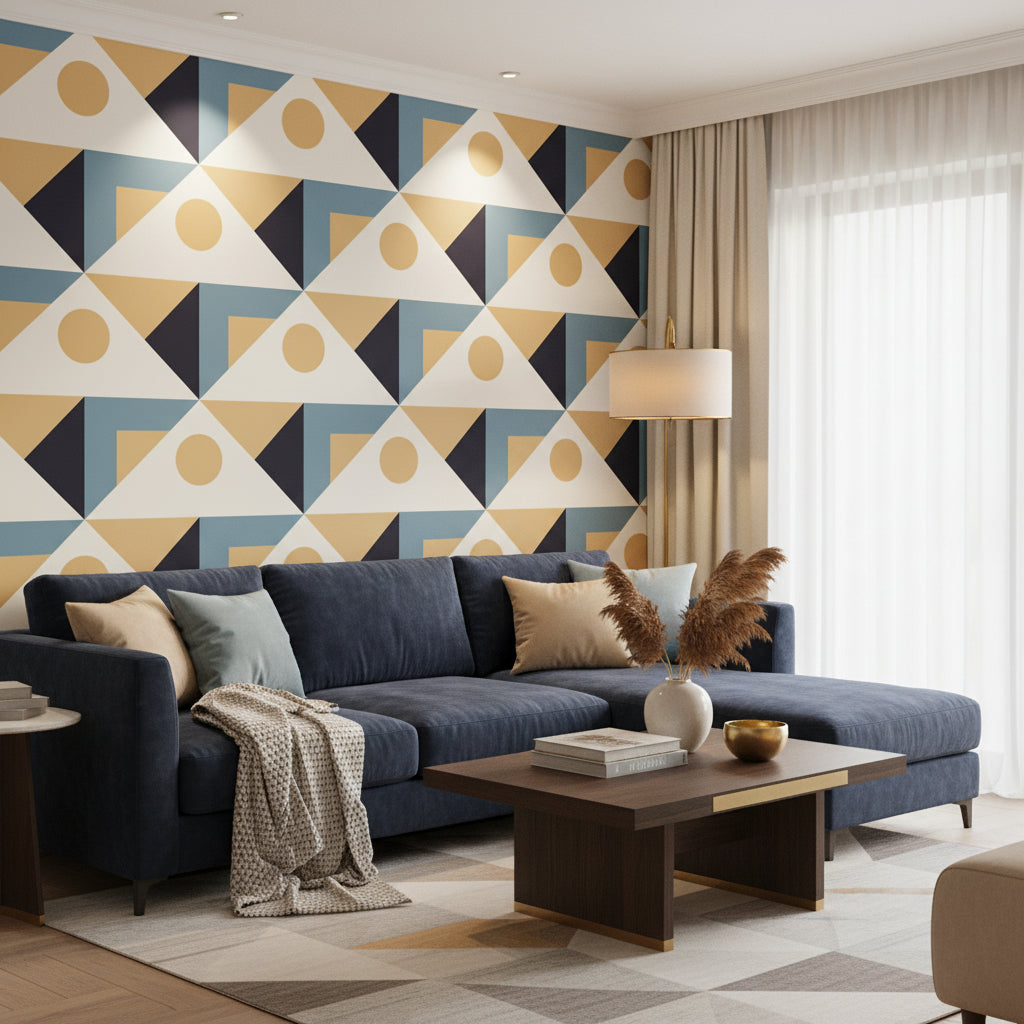 Geometric pattern with triangles, circles, and squares in brown, blue, and beige.