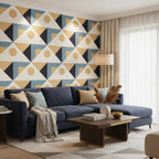 Geometric pattern with triangles, circles, and squares in brown, blue, and beige.