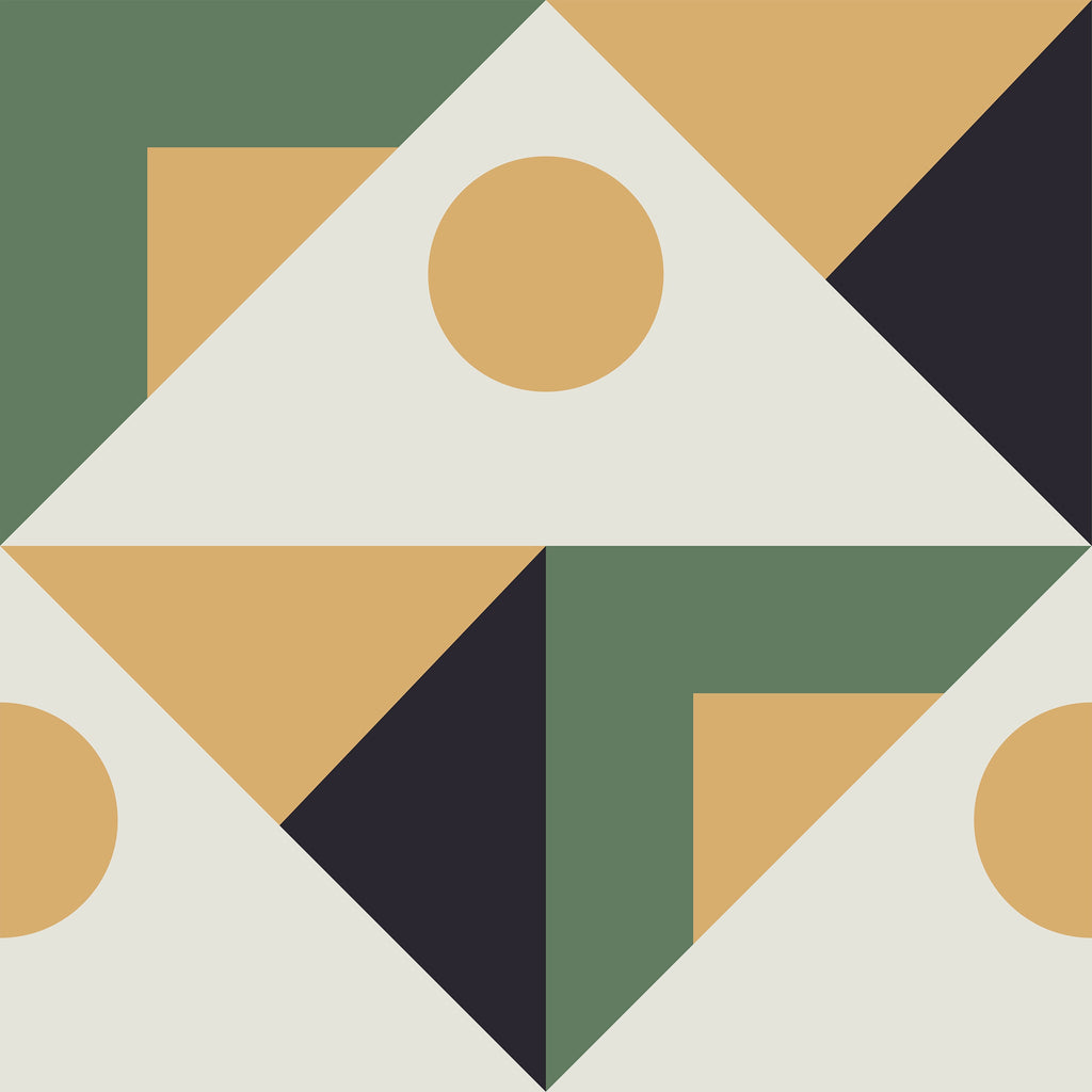 Geometric pattern with triangles, circles, and squares in brown, green, and black on a beige background.