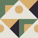 Geometric pattern with triangles, circles, and squares in brown, green, and black on a beige background.