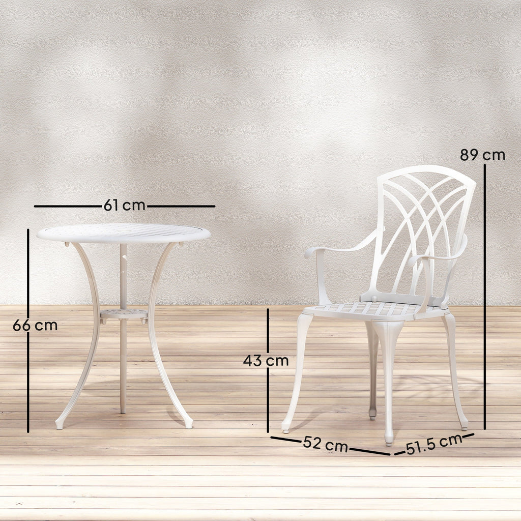 Outsunny 3 Pieces Garden Bistro Set, Cast Aluminium Outdoor Dining Set with 2 Chairs and Round Table with Parasol Hole, White