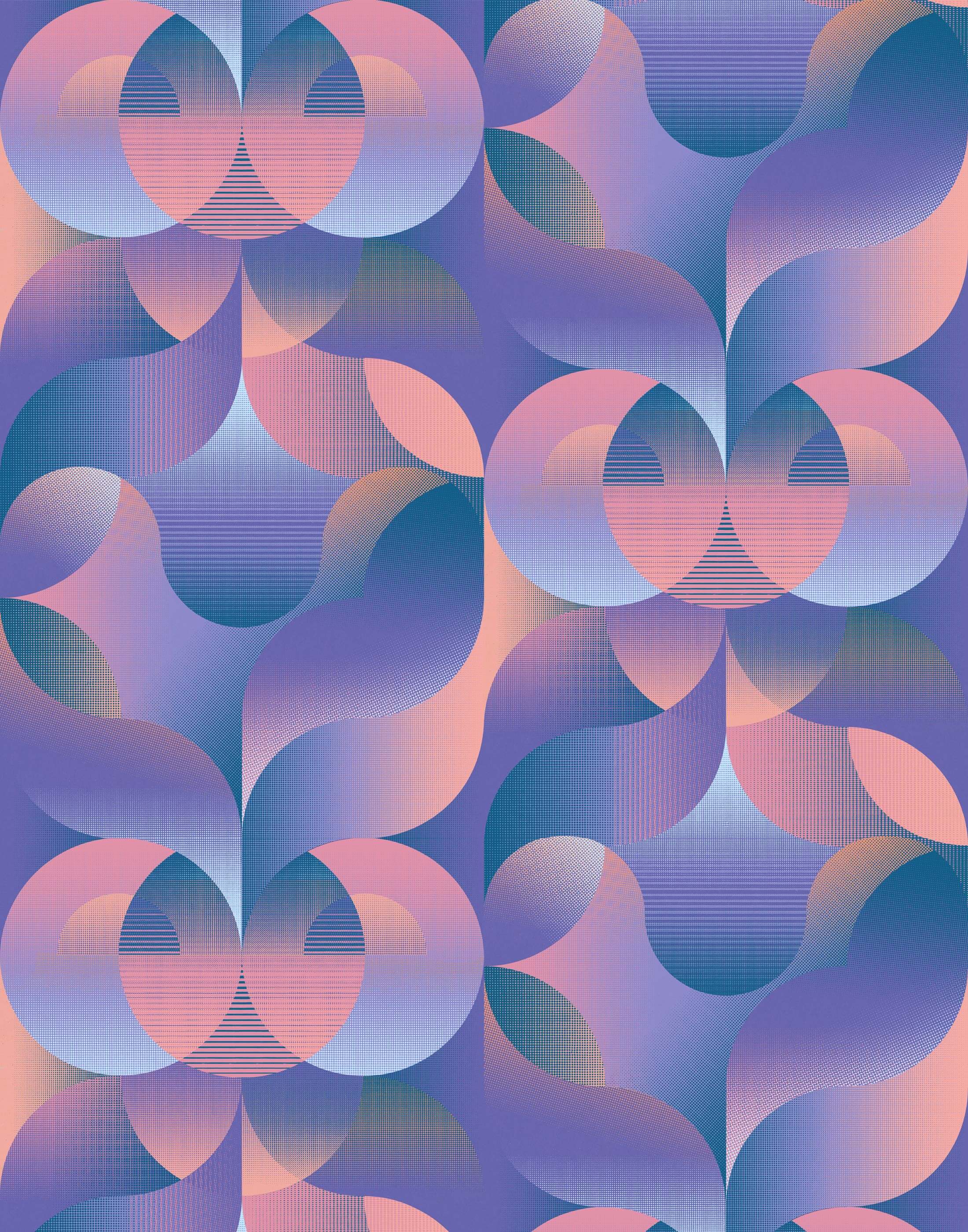 Gradient pattern of interlocking shapes in purple and pink on a blue background