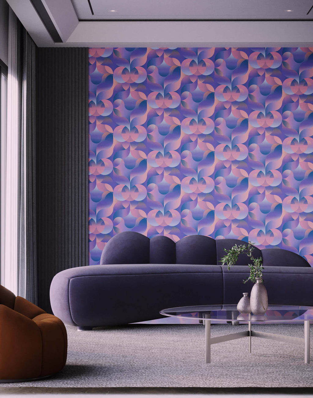 Modern living room with a purple sofa and abstract patterned wall.