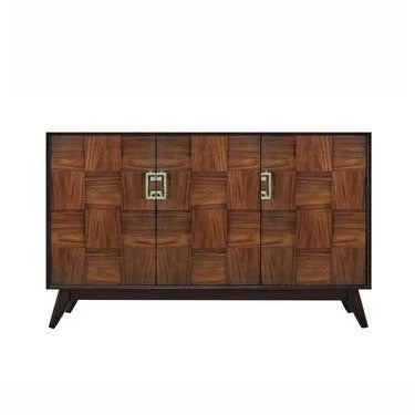 Wooden sideboard with a geometric pattern on a white background