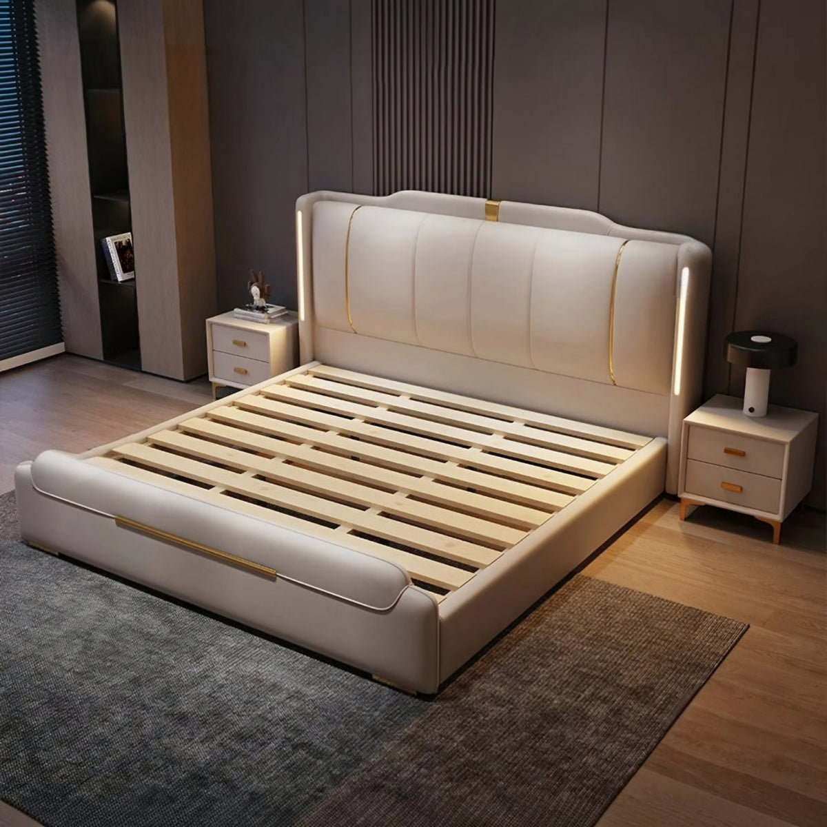 Luxury King Size Leather Storage Bed – Modern Solid Wood Frame