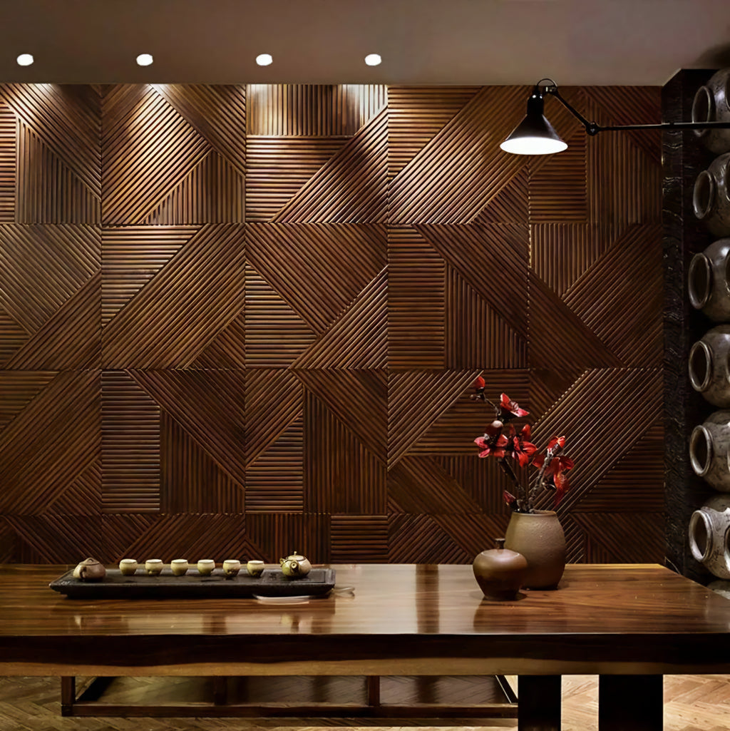 Wooden wall paneling with geometric pattern in a room setting.