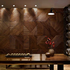 Wooden wall paneling with geometric pattern in a room setting.