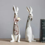 Country Rabbit Couple Ornaments – Hand-Painted Resin Figures