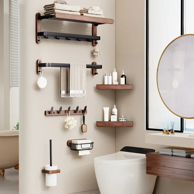 Bathroom interior with wooden shelves, toilet paper holder, and toiletries.