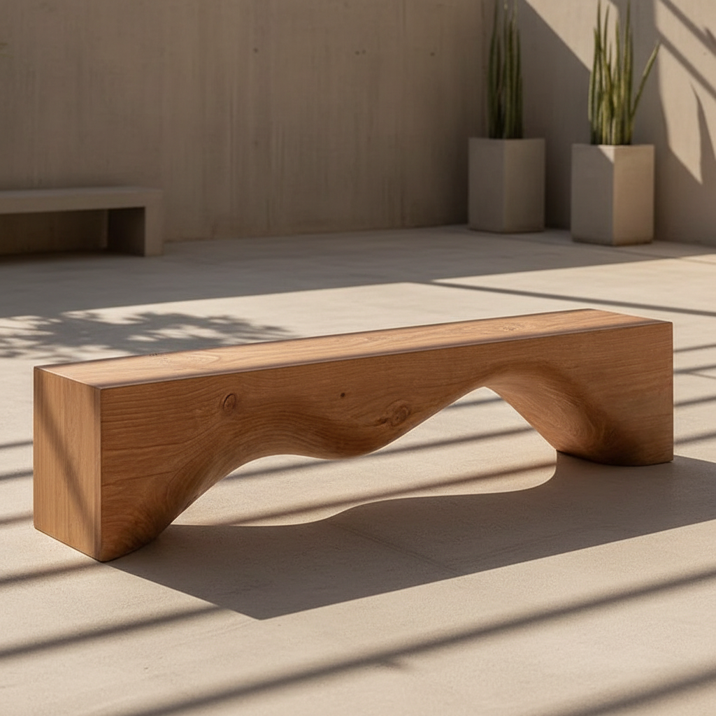 Wooden bench in a sunlit outdoor setting with plants in the background