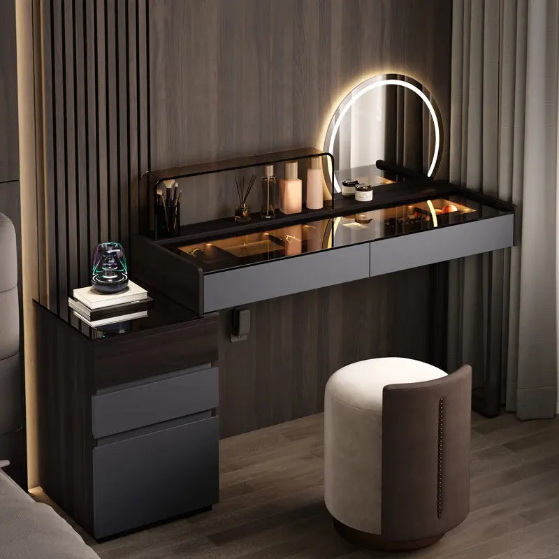 Nordic Glass Top Makeup Vanity Table – Minimalist Dressing Table with Storage Drawers